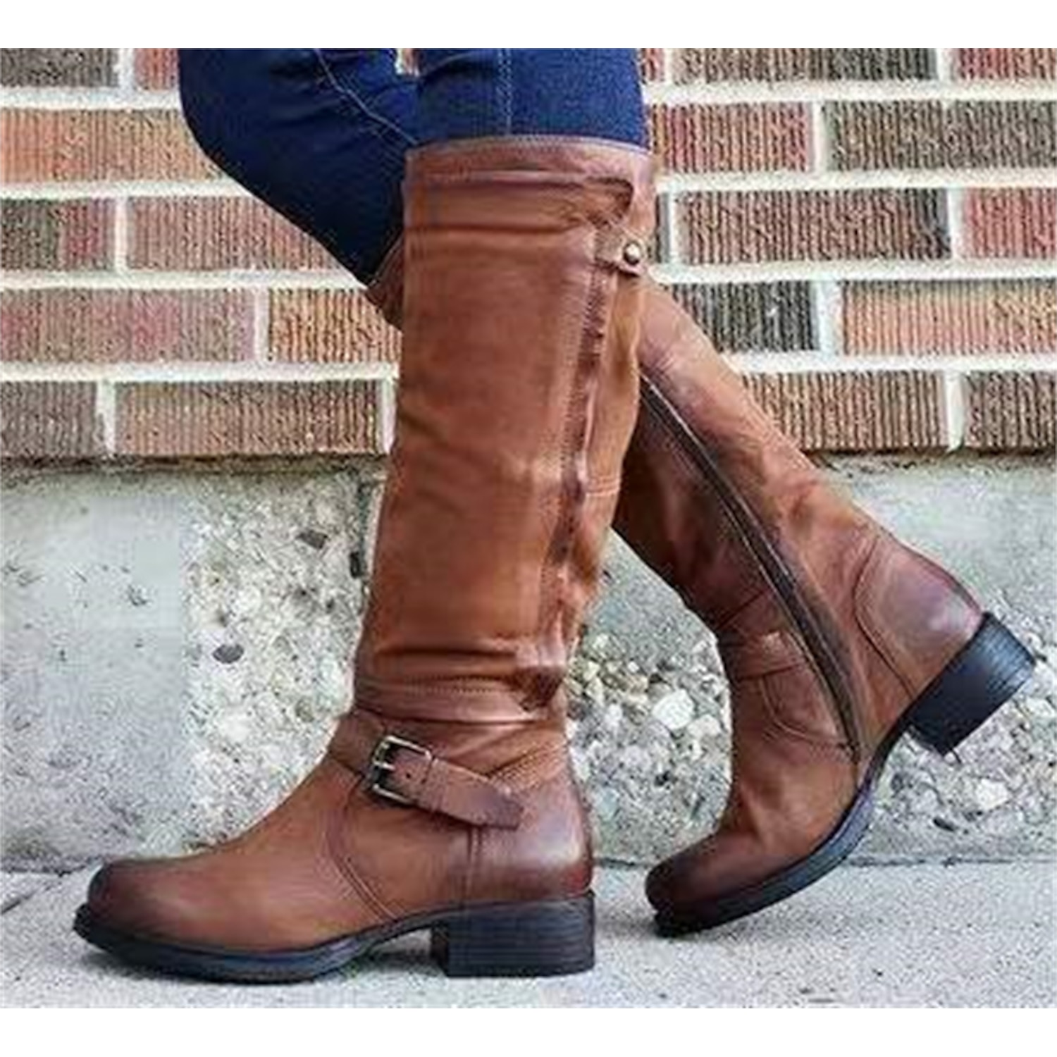Women's Black Faux Leather Knee-High Boots with Buckle Strap and Low Block Heel - Stylish and Comfortable Fall and Winter Footwear 2025 - Image 2