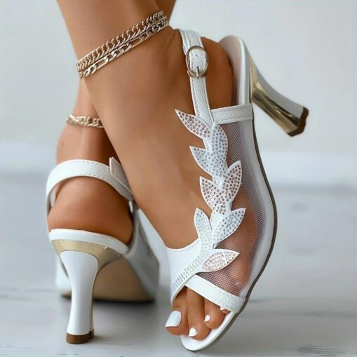Women's White Mesh Rhinestone Heeled Sandals – Elegant Open-Toe Wedding Shoes with Leaf Design 2025