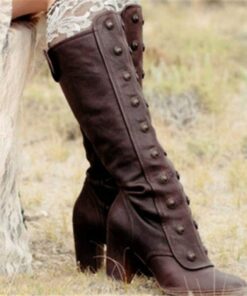 Women's Vintage Brown Knee-High Leather Boots with Button Detailing and Block Heel - Perfect for Outdoor Adventures and Country Chic Style 2025