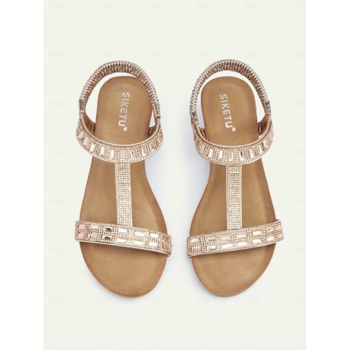 Women's Rose Gold Wedge Sandals with Rhinestone Embellishments and Elastic Strap, Comfortable Summer Shoes for Casual and Formal Occasions 2025 - Image 2