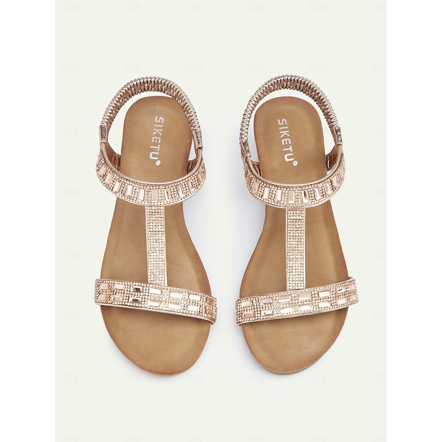 Women's Rose Gold Wedge Sandals with Rhinestone Embellishments and Elastic Strap, Comfortable Summer Shoes for Casual and Formal Occasions 2025 - Image 2