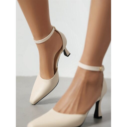 Women's Black Faux Leather Kitten Heel Pumps with Ankle Strap Perfect for Office Wear 2025