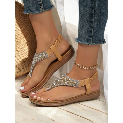 Black Rhinestone Embellished Thong Sandals for Women – Comfortable and Stylish Flat Sandals with Beaded Detailing, Perfect for Summer, Beach and Casua - Image 2