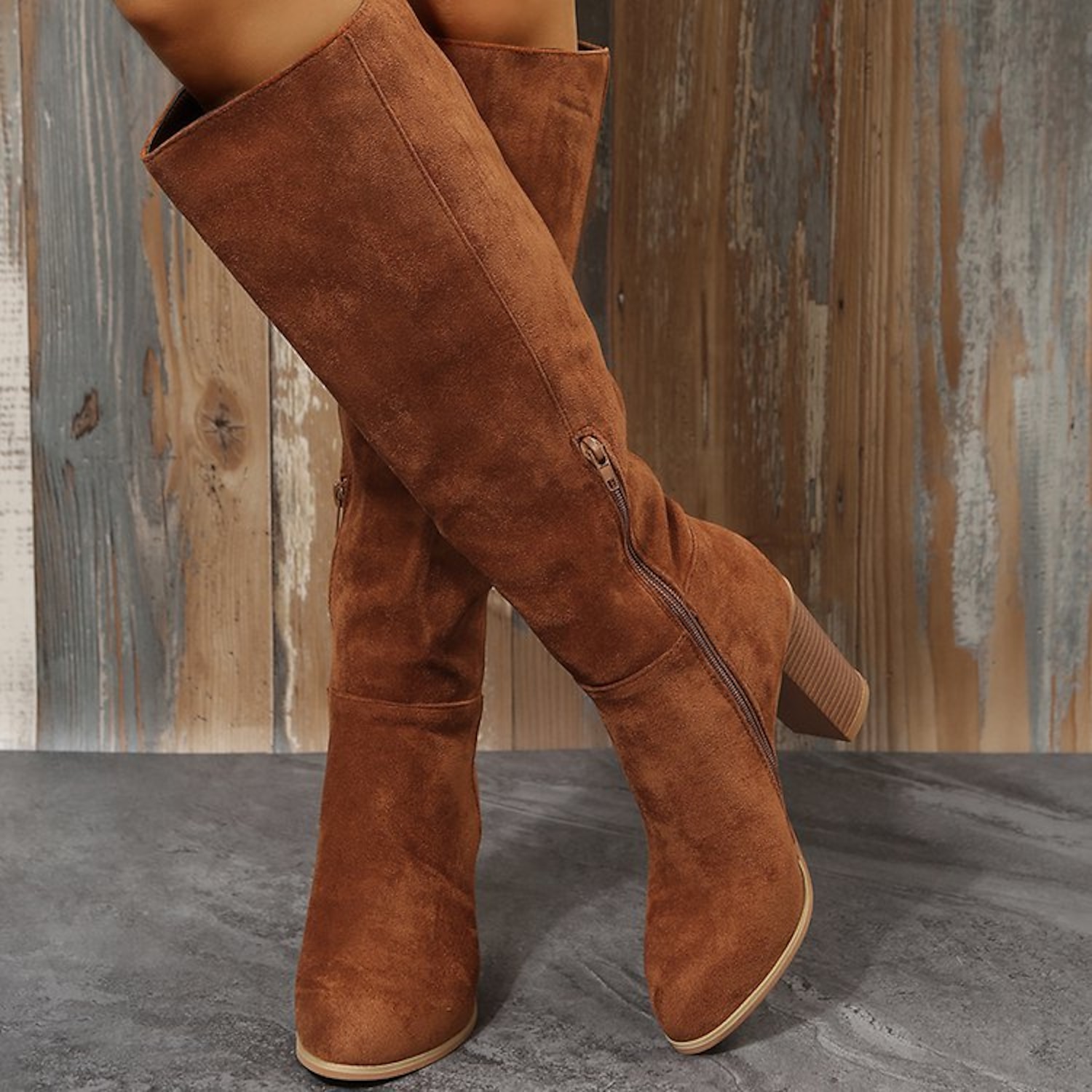 Women's Faux Suede Knee-High Boots - Stylish Block Heel Zip-Up Boots in Black and Brown for Fall and Winter 2025