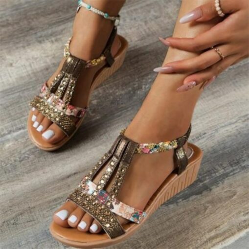 Women's Wedge Sandals with Rhinestone Embellishments – Comfortable Elastic Straps and Floral Patterned Details for Casual Summer Wear 2025 - Image 6
