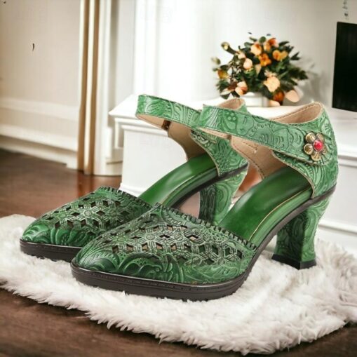 Women's Purple Vintage Cowhide Heels with Handcrafted Embossed Floral Patterns and Ankle Strap for Formal Occasions 2025 - Image 2