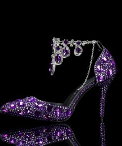Women's Crystal Rhinestone Prom Shoes with Purple Gemstone Embellishments and Ankle Jewelry Chain - Elegant Stiletto Heels for Parties 2025