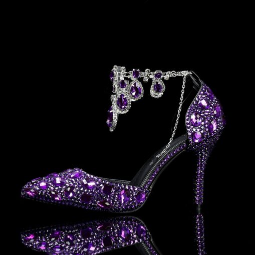 Women's Crystal Rhinestone Prom Shoes with Purple Gemstone Embellishments and Ankle Jewelry Chain - Elegant Stiletto Heels for Parties 2025