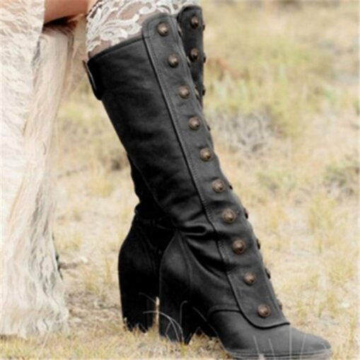 Women's Vintage Brown Knee-High Leather Boots with Button Detailing and Block Heel - Perfect for Outdoor Adventures and Country Chic Style 2025 - Image 2
