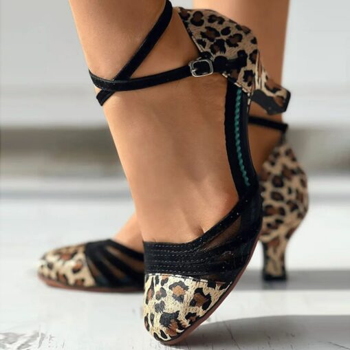 Women's Leopard Print Dance Shoes with Mesh Straps – Rubber Sole, Comfortable and Stylish for Ballroom and Latin Dancing 2025