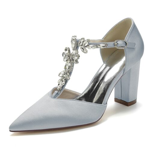 Women's Wedding Shoes Pumps Bridal Shoes Rhinestone Chunky Heel Pointed Toe Luxurious Satin Buckle T-Strap Wine Black White 2025 - Image 3
