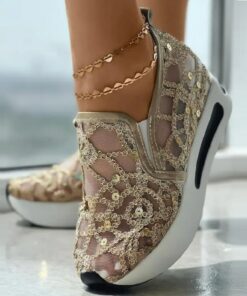 Women's Gold Sequin Mesh Slip-On Sneakers with Platform Sole - Stylish Casual Shoes for Parties and Special Occasions 2025