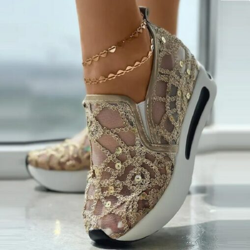 Women's Gold Sequin Mesh Slip-On Sneakers with Platform Sole - Stylish Casual Shoes for Parties and Special Occasions 2025