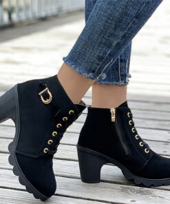 Women's Black Chunky Heel Ankle Boots with Lace-Up Design - Trendy and Comfortable, Ideal for Casual Wear, Parties, and Night Outs 2025