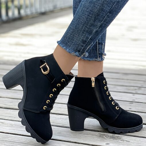 Women's Black Chunky Heel Ankle Boots with Lace-Up Design - Trendy and Comfortable, Ideal for Casual Wear, Parties, and Night Outs 2025