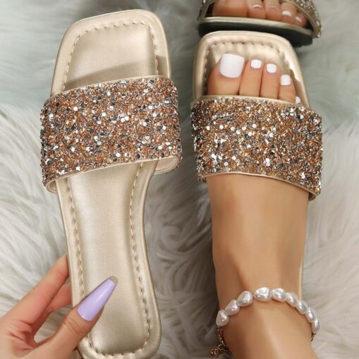 Women's Slippers Bling Bling Shoes Plus Size Beach Slippers Daily Beach Solid Color Plaid Summer Rhinestone Sequin Flat Heel Open Toe Fashion Casual F - Image 4
