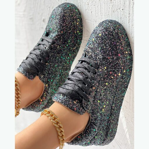 Women's Silver Glitter Platform Sneakers - Sparkly Lace-Up Casual Shoes for Parties and Street Style 2025 - Image 2