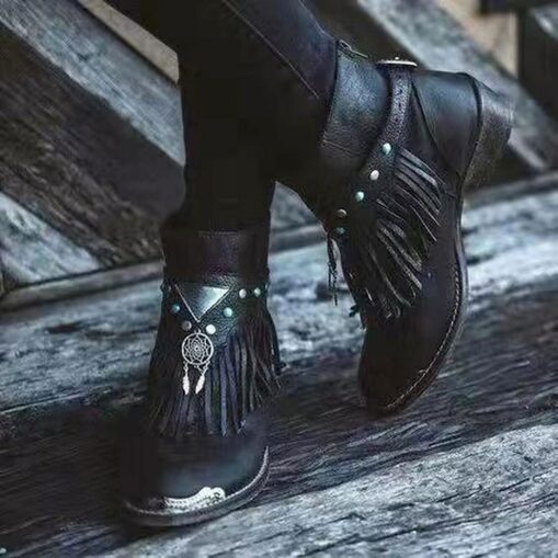 Women's Boho Fringe Ankle Boots with Dreamcatcher Charm, Perfect for Festival Wear and Casual Outfits 2025 - Image 2