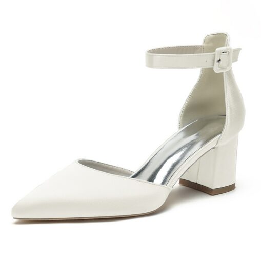 Wedding Shoes for Bride Bridesmaid Women Peep Toe White Ivory Blue Silver Gold Black Green Satin Pumps Block Heel Ankle Strap Wedding Party Valentine' - Image 3