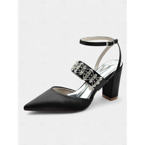 Women's Black Satin Pointed Toe Heels – Rhinestone Embellished Ankle Strap Chunky Heels for Evening Parties and Weddings 2025 - Image 2