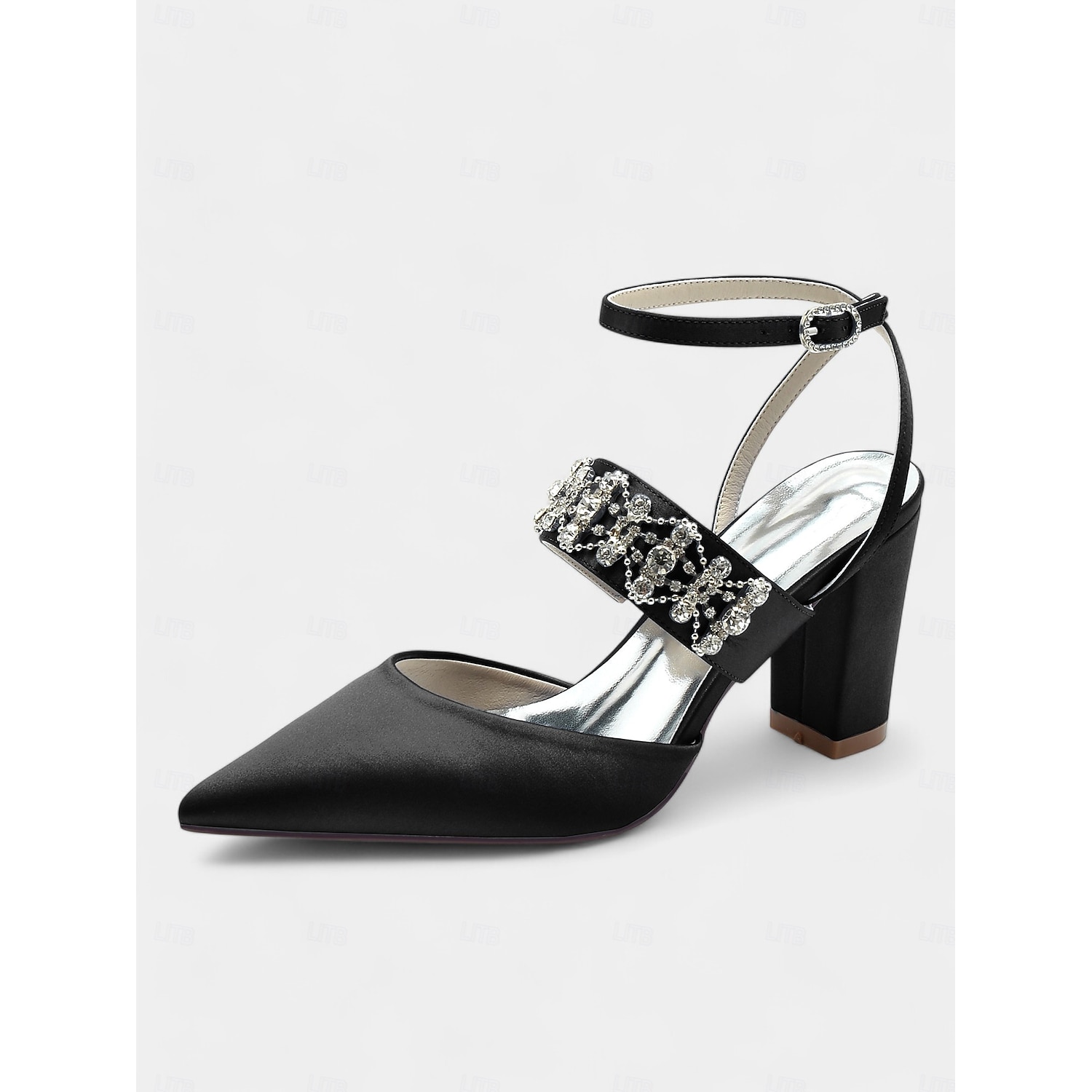 Women's Black Satin Pointed Toe Heels – Rhinestone Embellished Ankle Strap Chunky Heels for Evening Parties and Weddings 2025 - Image 2