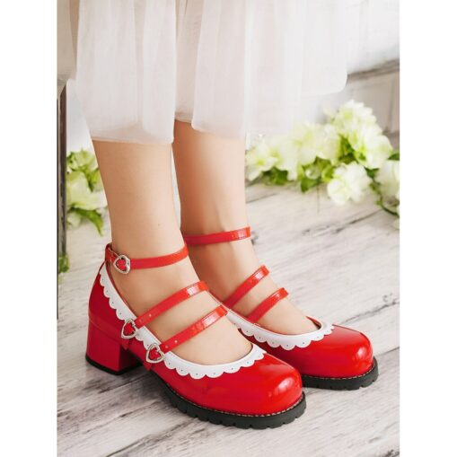 Women's Black and White Scalloped Mary Jane Block Heels – Patent Faux Leather Lolita Platform Shoes with Heart Buckles for Vintage or Cosplay Outfits - Image 2