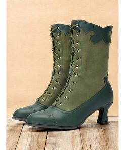 Women's Victorian Vintage Green Lace-Up Boots with Scalloped Trim and Brogue Detailing - Elegant High Heel Shoes for Cosplay, Steampunk, and Retro Out