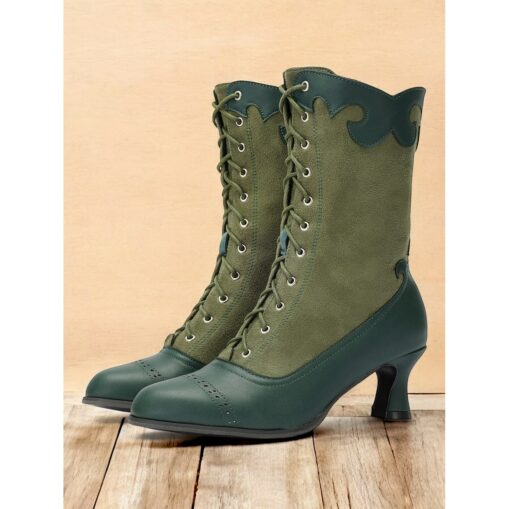Women's Victorian Vintage Green Lace-Up Boots with Scalloped Trim and Brogue Detailing - Elegant High Heel Shoes for Cosplay, Steampunk, and Retro Out