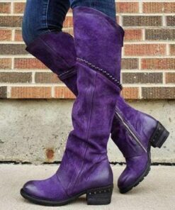 Women's Purple Suede Knee-High Boots with Side Zipper and Studded Detailing - Stylish Casual Footwear for Fall and Winter 2025