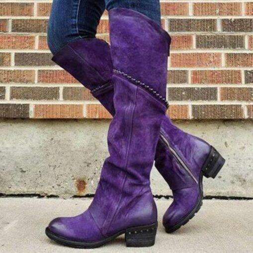 Women's Purple Suede Knee-High Boots with Side Zipper and Studded Detailing - Stylish Casual Footwear for Fall and Winter 2025