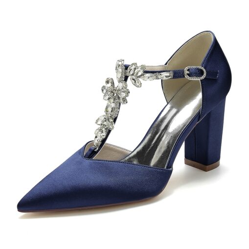 Women's Wedding Shoes Pumps Bridal Shoes Rhinestone Chunky Heel Pointed Toe Luxurious Satin Buckle T-Strap Wine Black White 2025