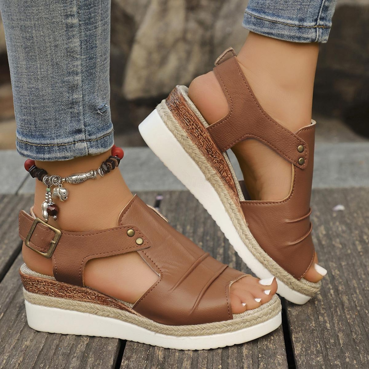 Women's Wedge Sandals Leather Slingback Sandals T-Bar Diamante Lightweight Sandals Summer Walking Shoe Open Toe Sandals Touch Fasten Sandal Brown Blac - Image 2