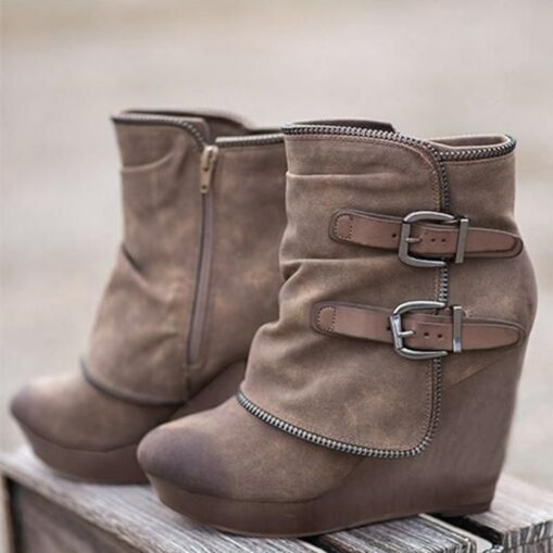 Women's Faux Suede Wedge Ankle Boots with Double Buckle and Side Zipper – Casual and Stylish Footwear 2025 - Image 2