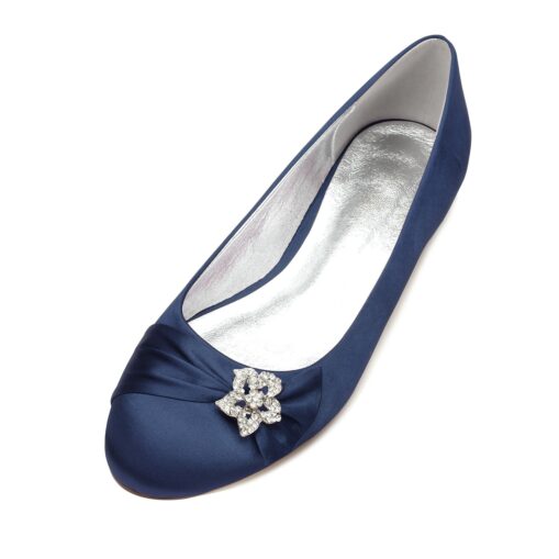 Women's Navy Blue Satin Ballet Flats with Rhinestone Embellishment - Elegant Wedding and Evening Shoes 2025