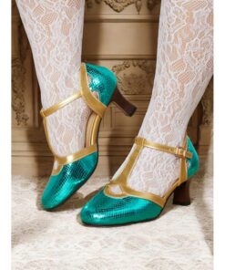 Women's Green and Gold T-Strap Shoes with Snakeskin Pattern Mid Heel and Vintage Style for Ballroom Performances and Formal Events 2025