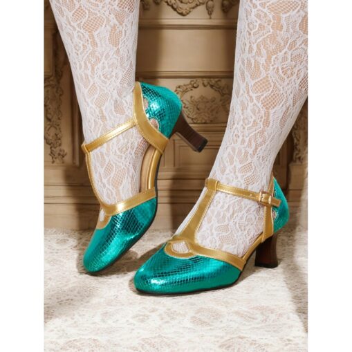 Women's Green and Gold T-Strap Shoes with Snakeskin Pattern Mid Heel and Vintage Style for Ballroom Performances and Formal Events 2025