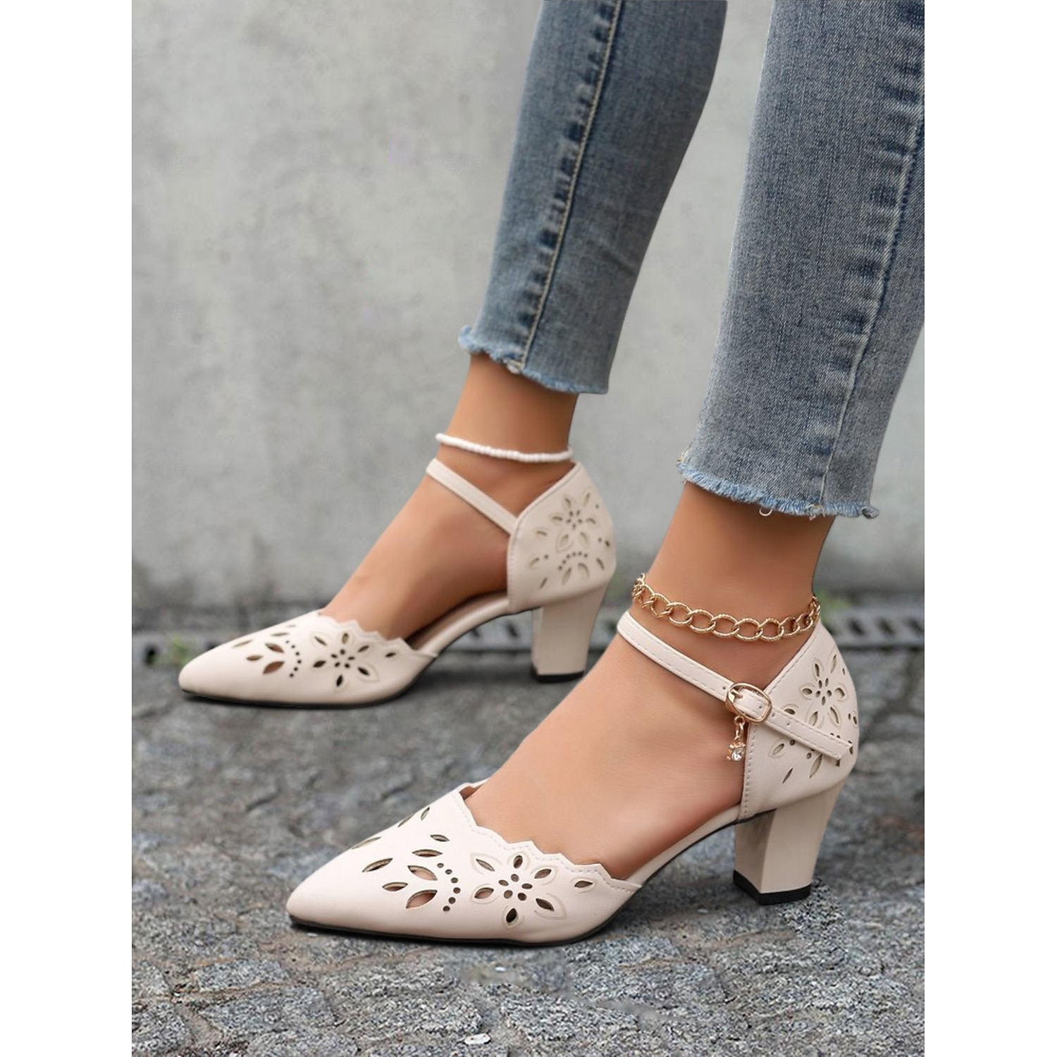 Women's Black Floral Cut-Out Chunky Heel Pumps with Ankle Strap - Elegant Dress Shoes for Work, Weddings and Parties 2025 - Image 2