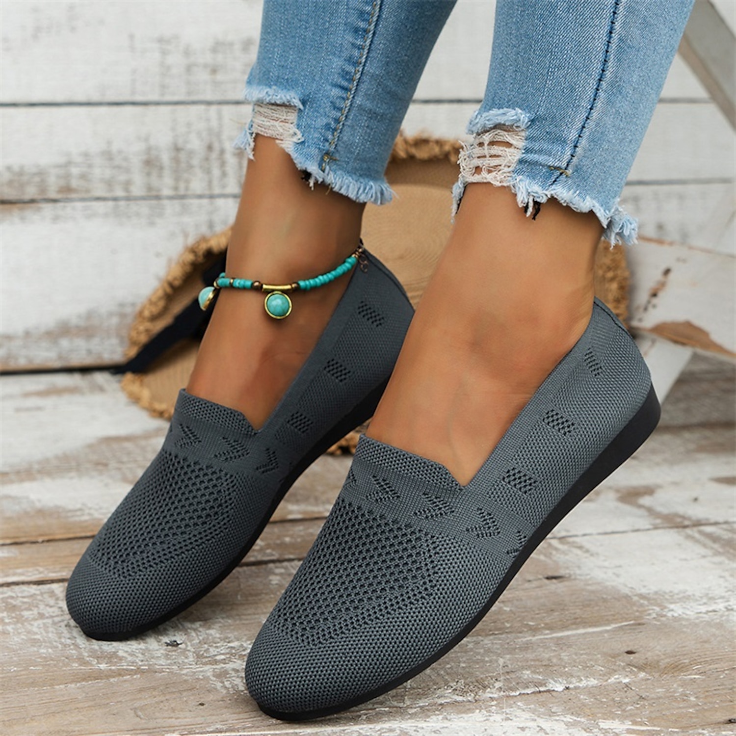 Women's Flats Slip-Ons Comfort Shoes Daily Solid Color Winter Flat Heel Round Toe Fashion Casual Comfort Walking Tissage Volant Loafer Dark Grey Black - Image 7
