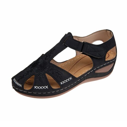 Women's Navy Blue Closed-Toe Casual Sandals with Embroidered Cut-Out Design and Adjustable Velcro Strap – Comfortable Summer Shoes for Everyday Wear 2 - Image 3