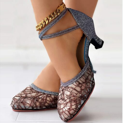 Women's Gold Silver Lace Ballroom Dance Shoes with Ankle Strap and Mid Heel for Latin and Salsa Dancing 2025 - Image 3
