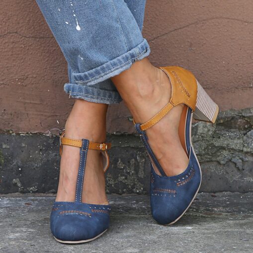 Women's Blue and Yellow Two-Tone T-Strap Heeled Shoes for Vintage and Casual Wear 2025