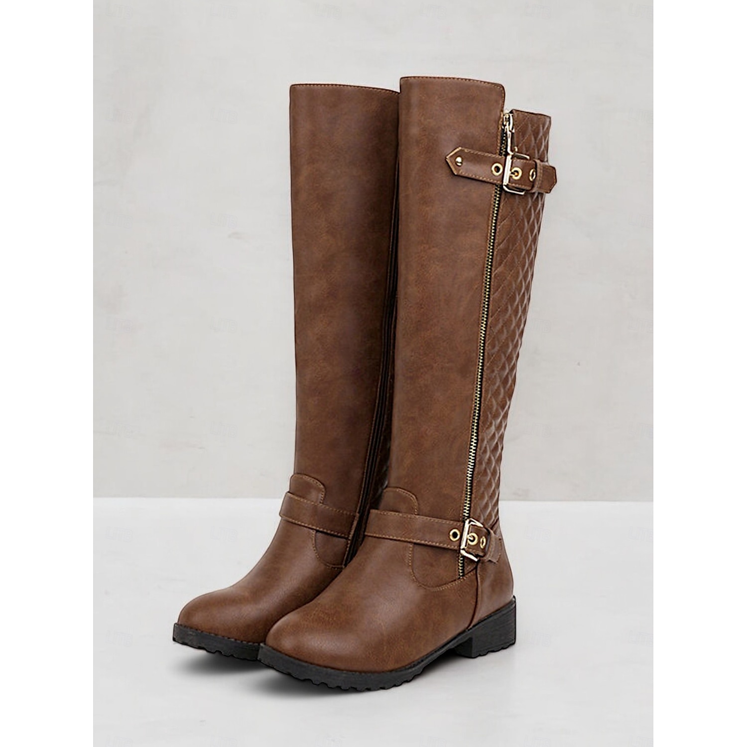 Women's Black Riding Knee-High Boots with Quilted Back and Gold Zipper – Stylish Equestrian-Inspired Winter Footwear 2025