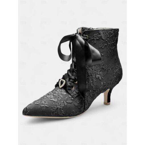 Women's Vintage Lace Ankle Boots with Satin Ribbon Laces and Kitten Heels – Elegant Bridal Shoes for Weddings and Victorian-Inspired Events 2025 - Image 3
