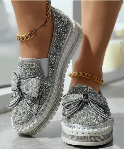 Women's Sparkly Rhinestone Slip-On Sneakers – Glitter Bow Platform Loafers for Party, Casual & Streetwear Fashion 2025