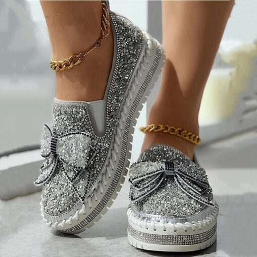 Women's Sparkly Rhinestone Slip-On Sneakers – Glitter Bow Platform Loafers for Party, Casual & Streetwear Fashion 2025