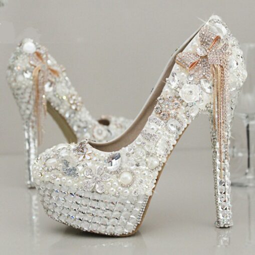 Women's White Rhinestone and Pearl Embellished Platform Stiletto Heels with Bow Accent – Luxury Bridal Wedding Shoes 2025