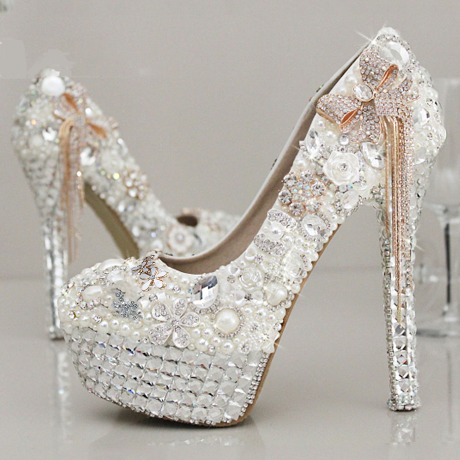 Women's White Rhinestone and Pearl Embellished Platform Stiletto Heels with Bow Accent – Luxury Bridal Wedding Shoes 2025