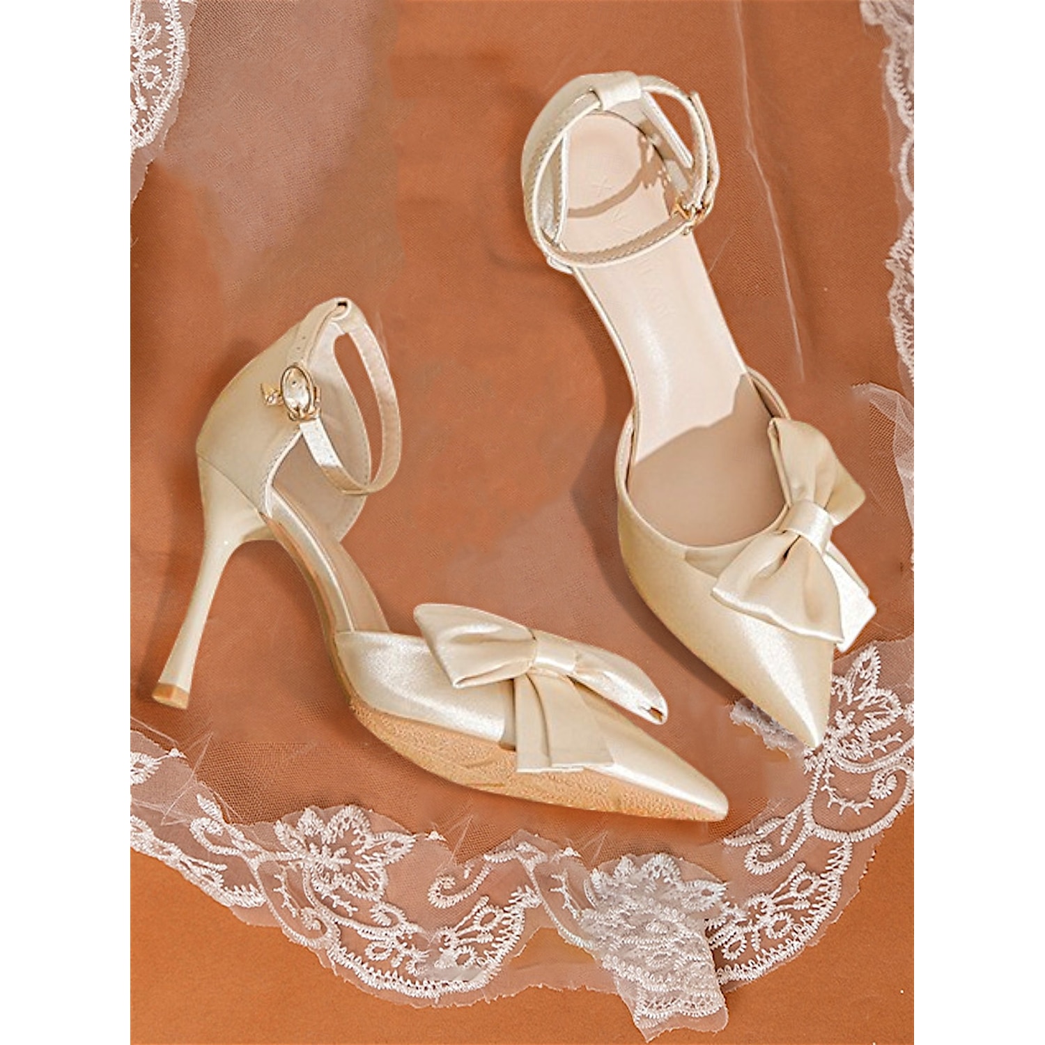 Champagne Bow Ankle Strap Pumps – Women's Classy Pointed Toe Stiletto Heels for Wedding & Special Occasions 2025