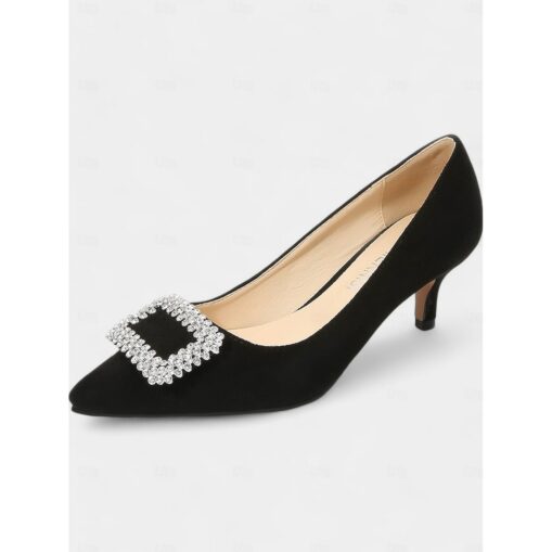 Women's Green Suede Kitten Heel Pumps with Rhinestone Buckle – Chic Pointed-Toe Dress Shoes for Formal Events and Special Occasions 2025 - Image 3