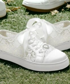 Women's Lace Wedding Sneakers with Ribbon Laces - White Bridal Flat Shoes for Comfort and Style 2025